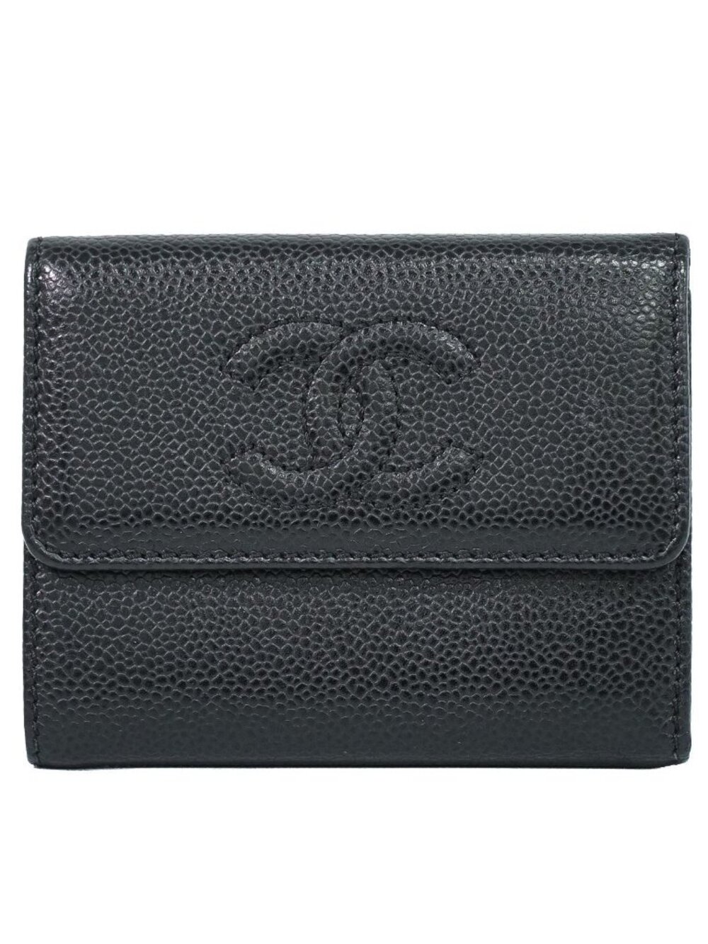 Chanel CC Logo Trifold Folded Wallet Compact Caviar Leather Black